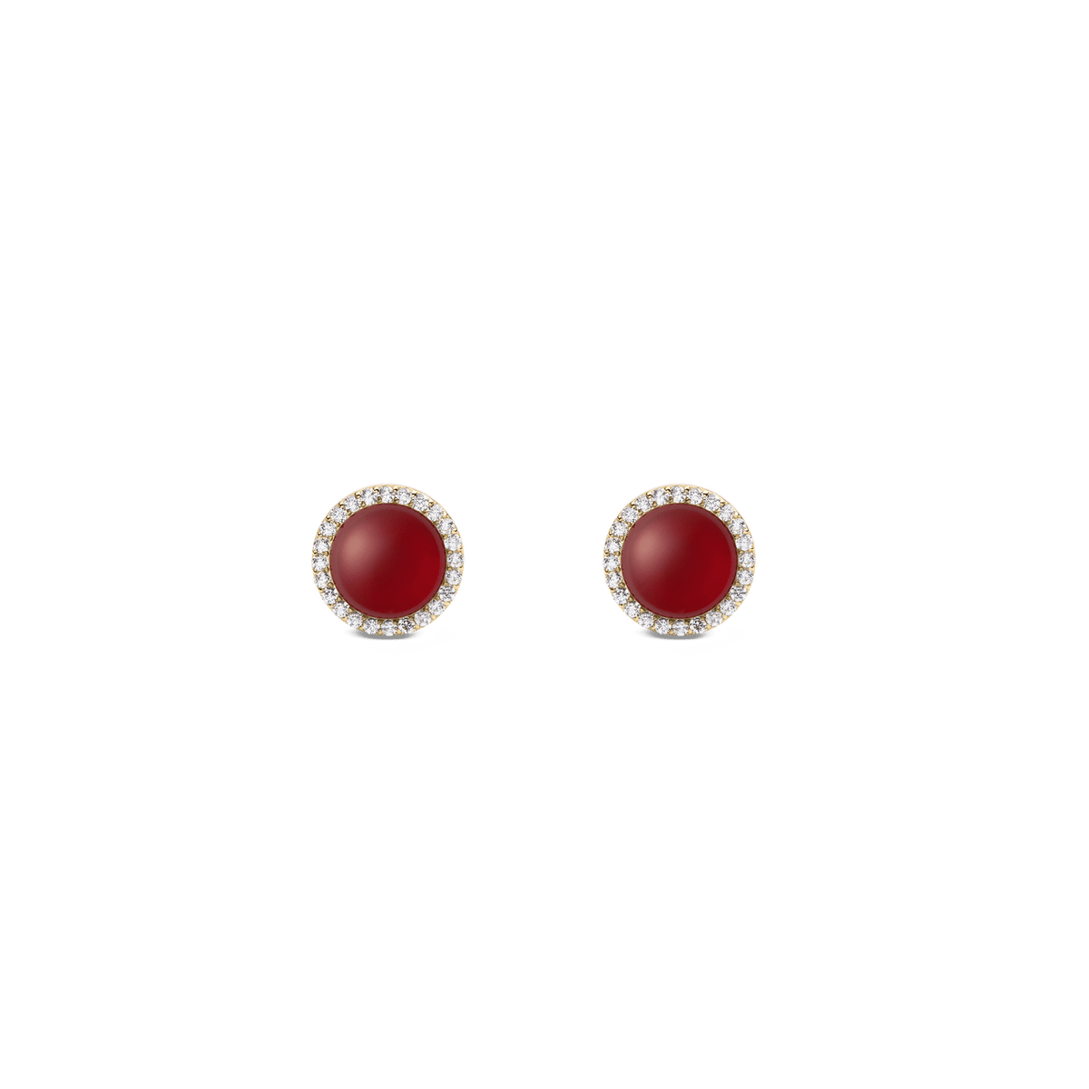 Pair of small gold stud earrings featuring domed red agate stones, each surrounded by a delicate halo of white cubic zirconia crystals. The elegant design highlights the rich red gemstone and sparkling accents, creating a refined and sophisticated look.