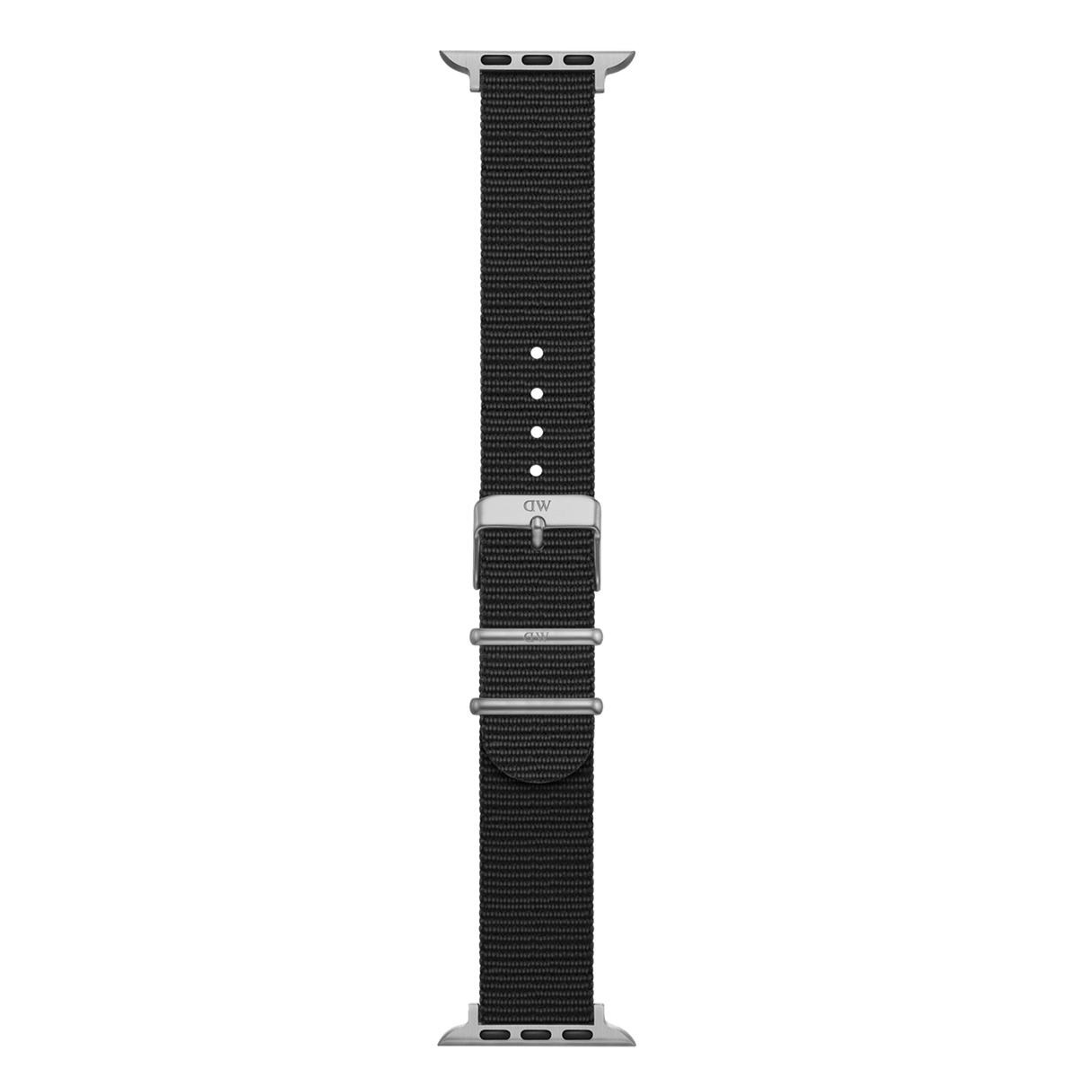 Black recycled polyester NATO smartwatch strap with silver hardware and subtle Daniel Wellington branding, designed to fit Apple Watch cases.
