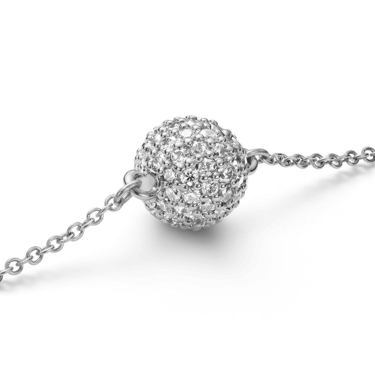 Close-up of the Pavé Crystal Pendant Bracelet Silver, showing the spherical pendant encrusted with sparkling cubic zirconia crystals on a fine silver chain.