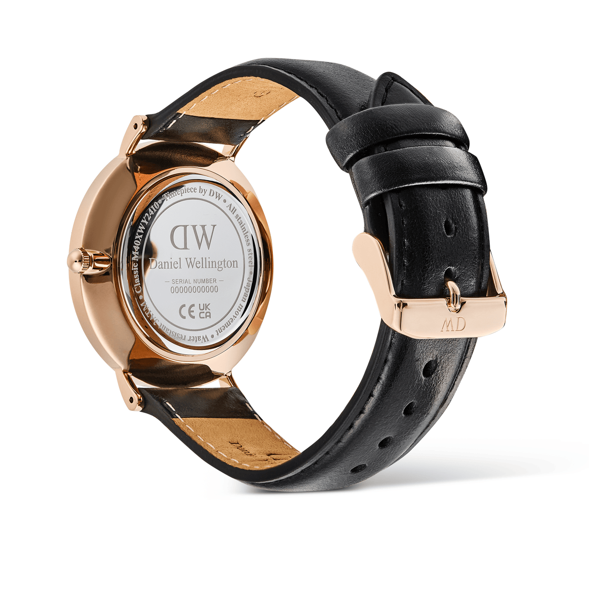 Rear view of the Classic Multi-Eye Sheffield Off-white Sunray Rose Gold watch, showing the engraved Daniel Wellington case back, rose gold detailing, and adjustable black leather strap with a rose gold pin buckle.