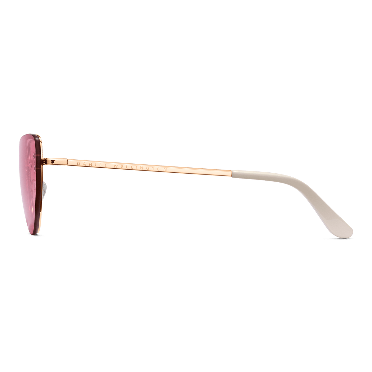 Side view of the Lynx Steel Pink Gradient Rose Gold sunglasses, showing the slim rose gold stainless steel arm with Daniel Wellington branding and an ivory acetate temple tip. The pink gradient lens and adjustable nose pad are also visible.