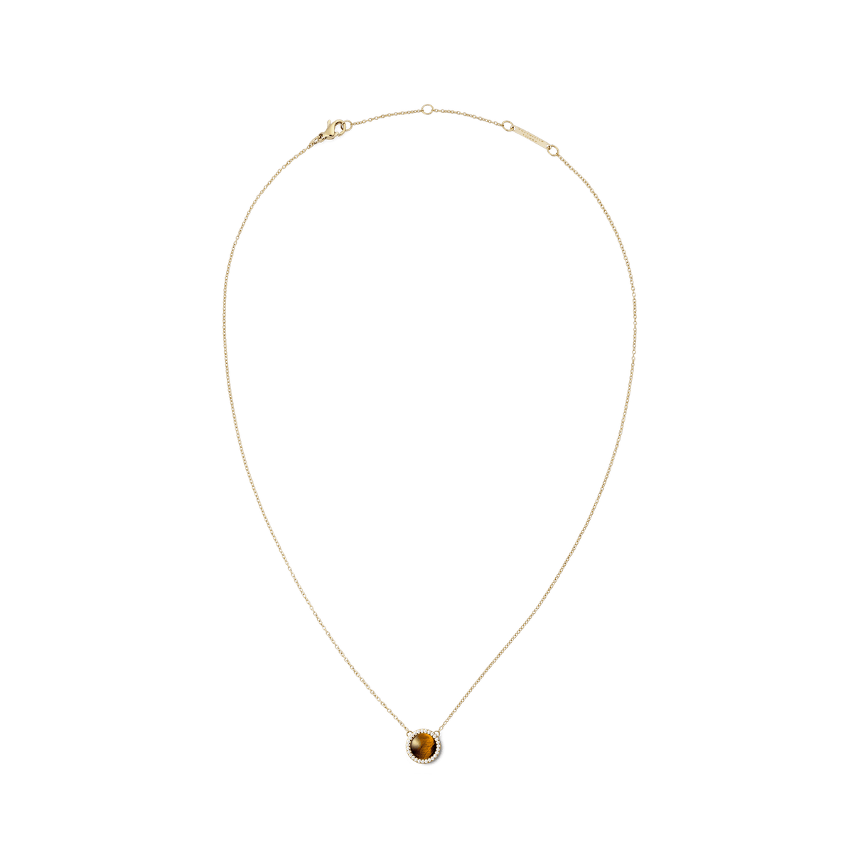 Gold Audrey Necklace with domed Tiger Eye stone and cubic zirconia accents on a fine adjustable chain, elegant and timeless.
