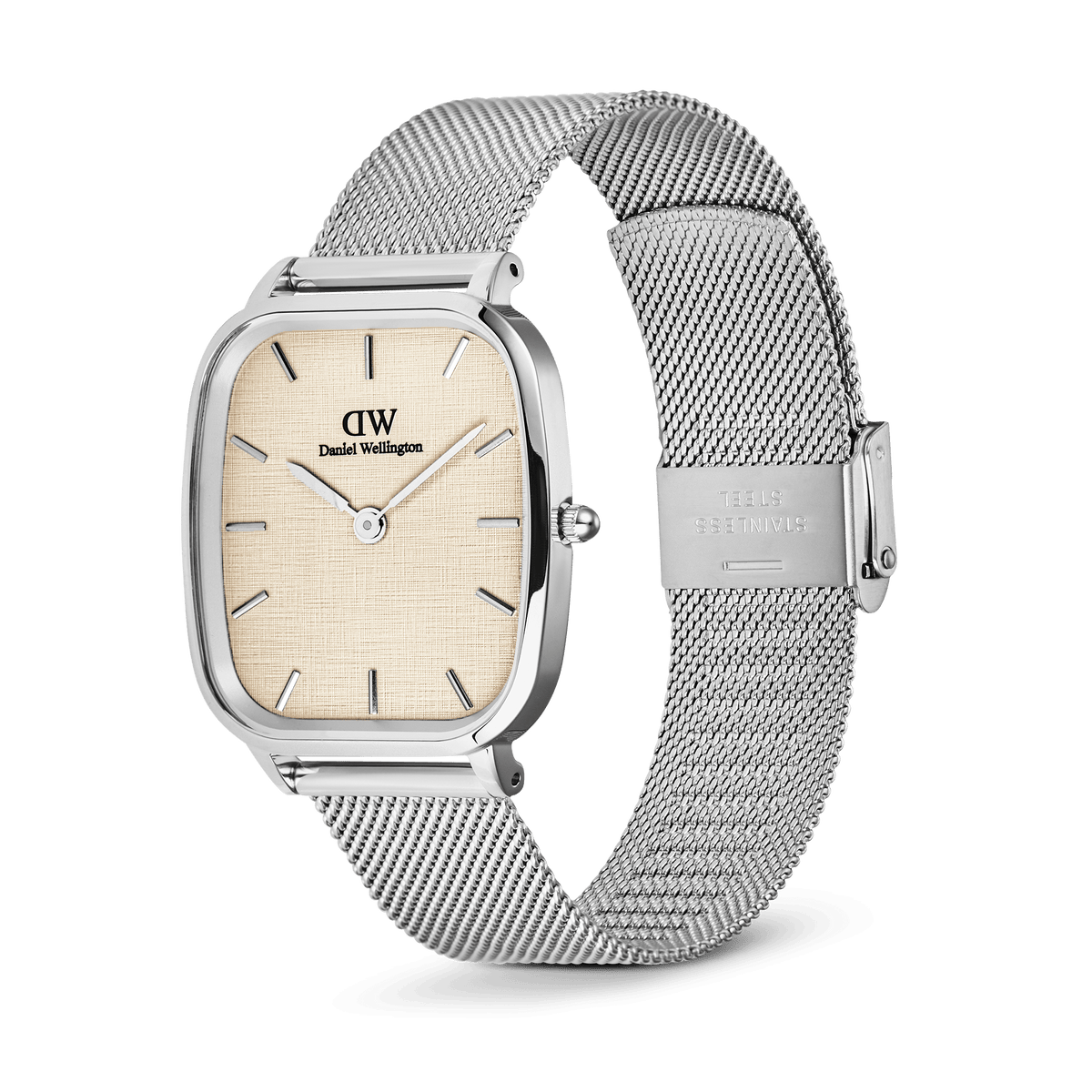 Daniel Wellington Marlon Sterling Linen watch with a cushion-shaped stainless steel case, linen-textured beige dial, minimalist silver hour markers, and an adjustable silver mesh strap with clasp.