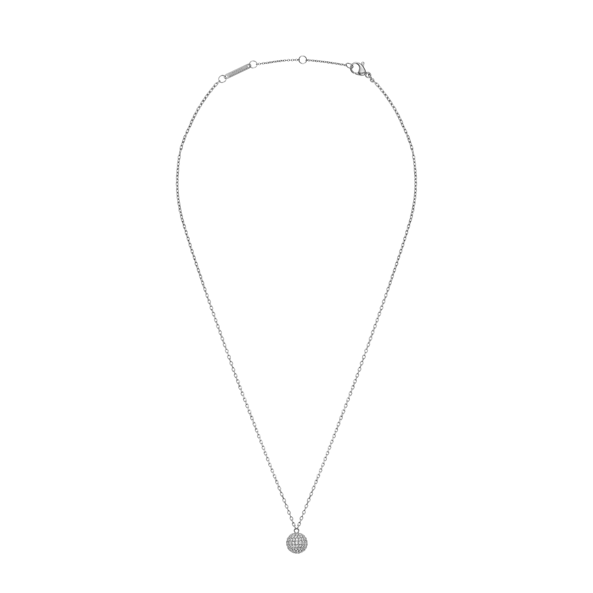 Pavé Crystal Pendant Necklace Silver with an adjustable fine chain and a round pavé ball pendant set with sparkling cubic zirconia crystals.