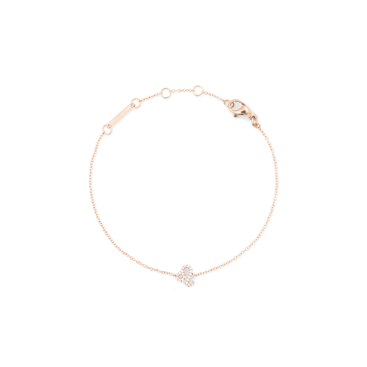 Delicate rose gold chain bracelet featuring an adjustable length and a crystal-set zodiac pendant as the centrepiece.