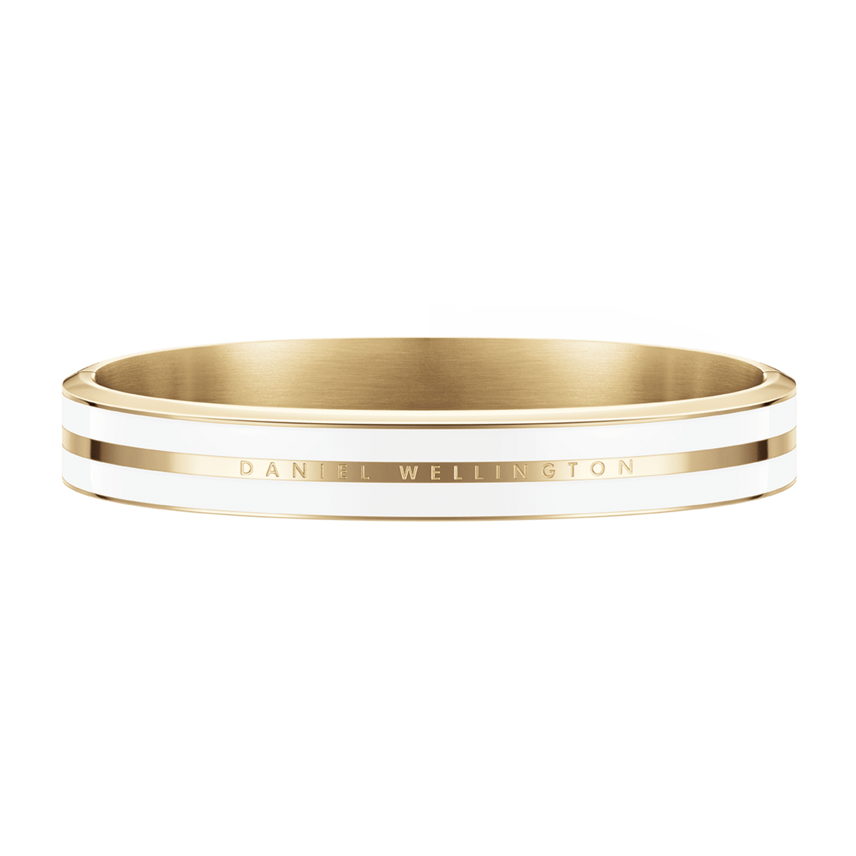 Satin white and gold Emalie Infinite bangle with a sleek enamel inlay and engraved Daniel Wellington logo, offering a refined and modern look.