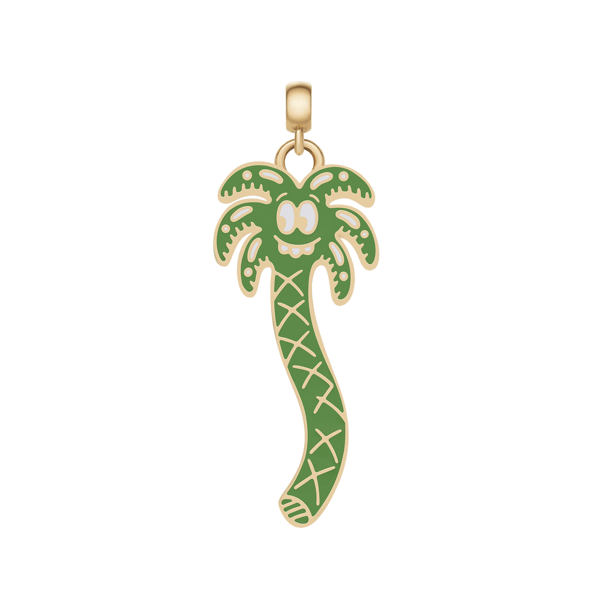 Gold palm tree charm featuring a playful cartoon face and vibrant green enamel, designed by Steven Harrington for Daniel Wellington, with a smooth finish and lightweight build ideal for bracelets, necklaces, or watches.