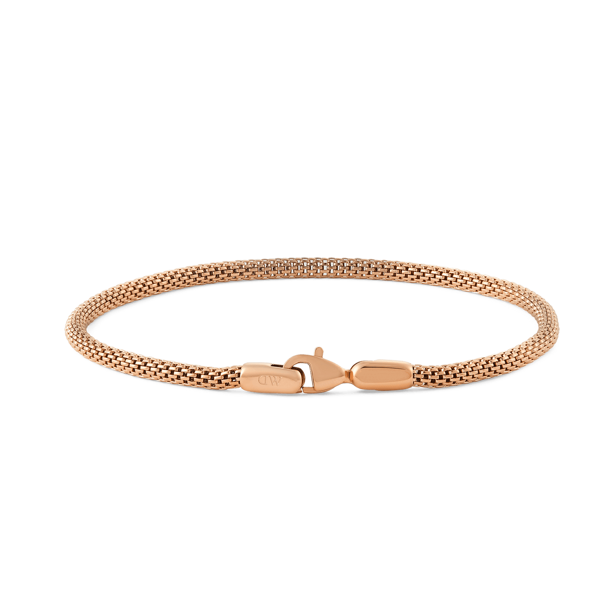 Slim rose gold mesh bracelet with a lobster clasp, crafted from stainless steel and featuring a delicate, elegant design.
