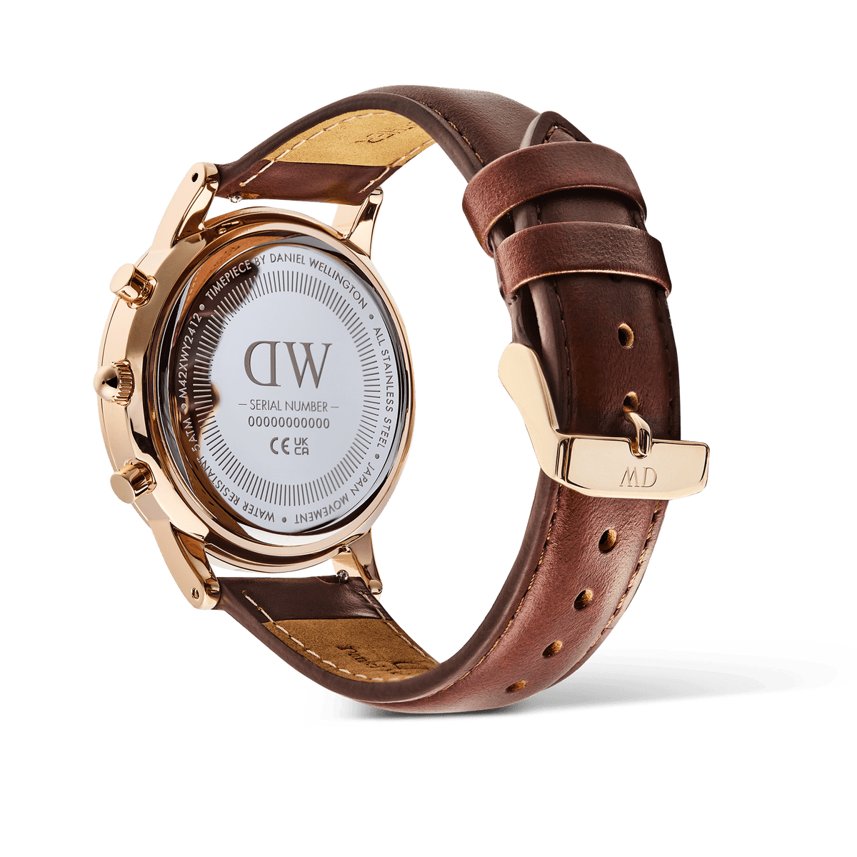Rear view of the Iconic Chronograph St Mawes Amber RG, showing the engraved case back, rose gold detailing, and brown Napa leather strap with a polished gold buckle.