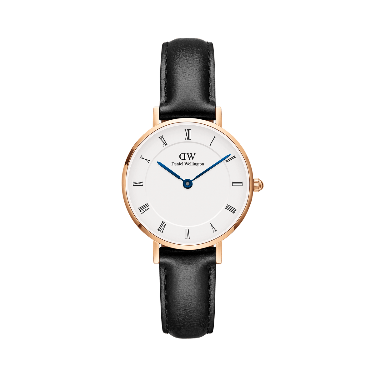 Petite Roman Numerals Sheffield Rose Gold watch with a white dial, blue steel hands, Roman numerals, rose gold case, and a black leather strap.