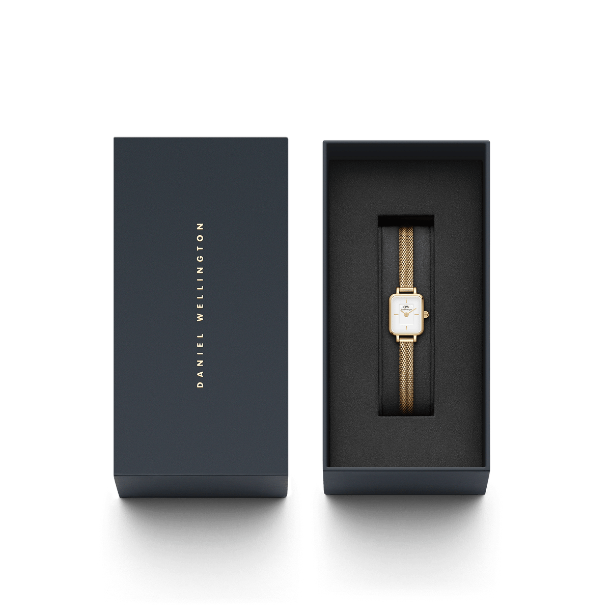 Quadro Mini Evergold petite gold mesh strap watch with white dial, presented in an elegant Daniel Wellington gift box.