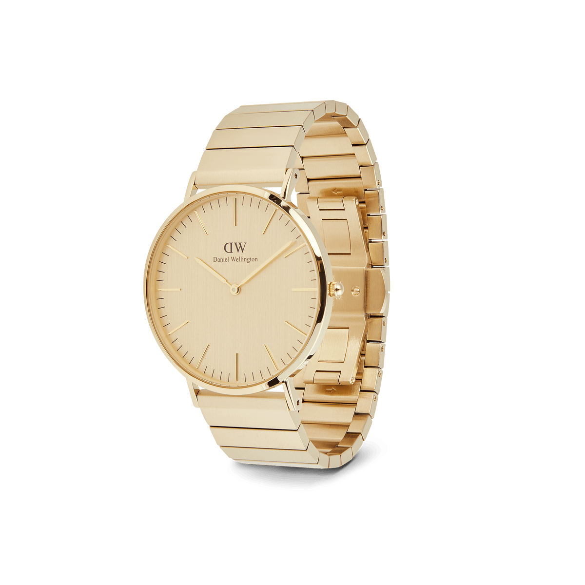 Classic Piano Link Gold Unitone watch with a brushed gold dial, minimalist markers, and a geometric gold piano link bracelet in a three-quarter view.