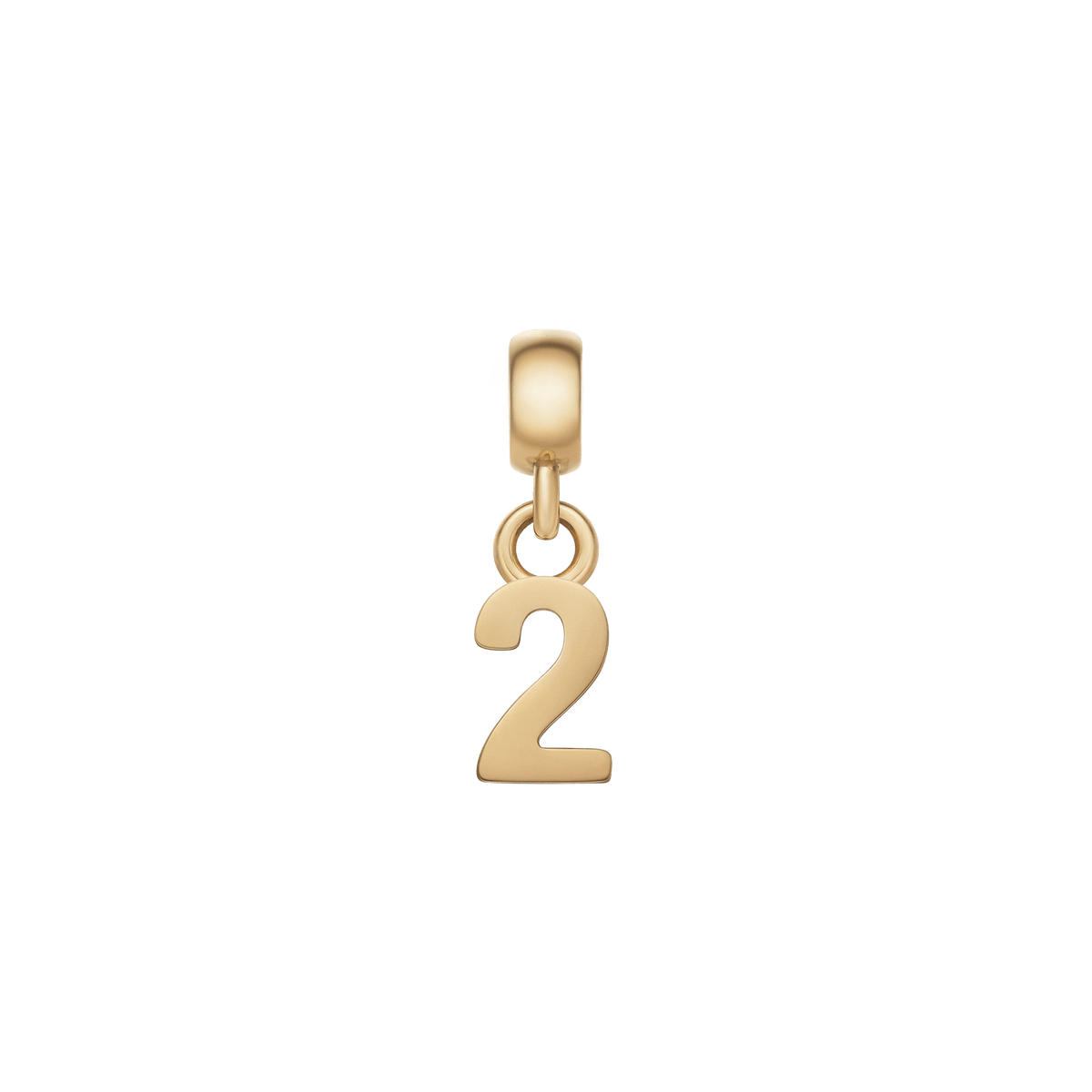 Polished gold number 2 charm made from stainless steel with PVD gold plating, featuring a sleek design and secure clasp for bracelets or necklaces.