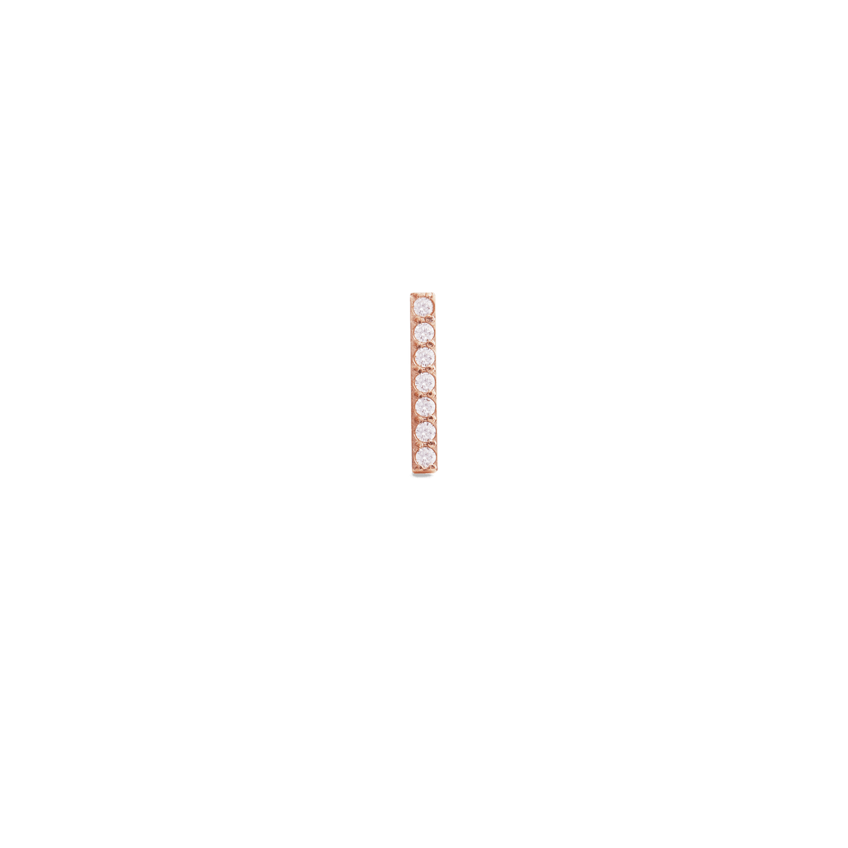 Slender rose gold bar stud earring featuring seven sparkling cubic zirconia crystals in a neat row, set against a black background.