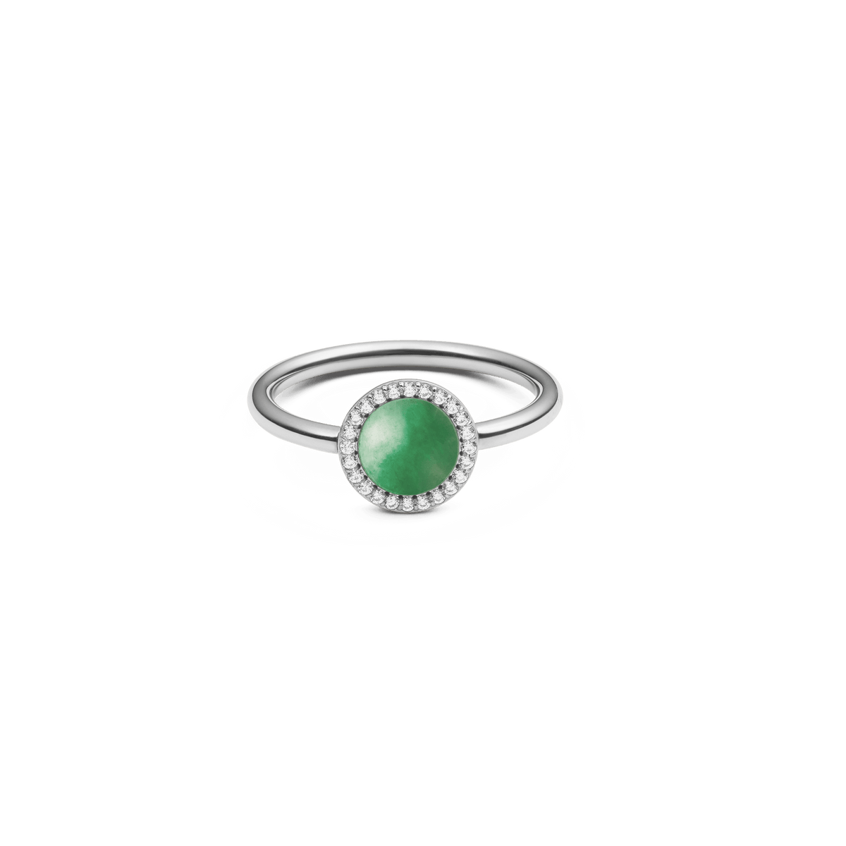 Silver ring with round green jade centrepiece, surrounded by white cubic zirconia, elegant and timeless jewellery.
