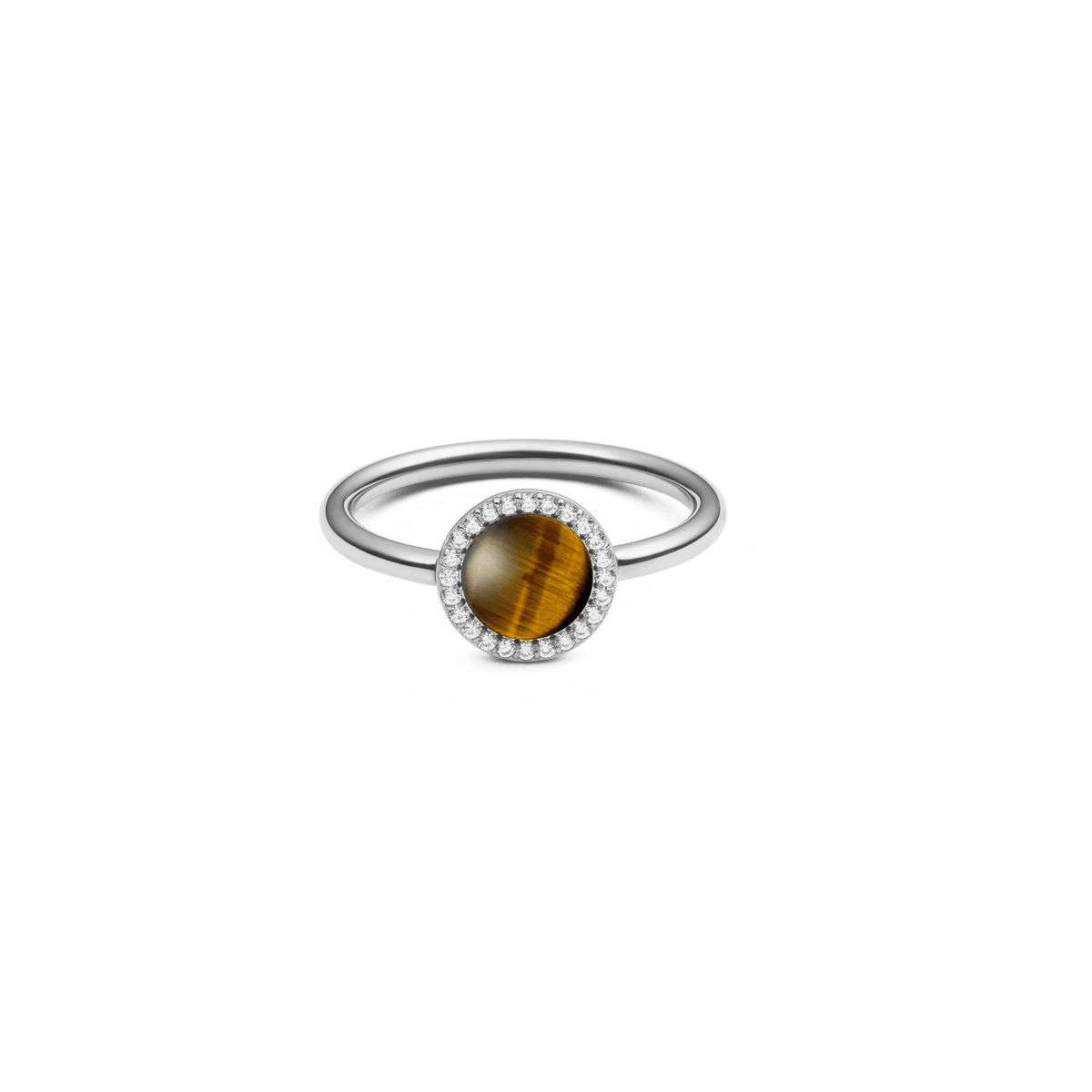 Silver ring with round Tiger Eye gemstone centre, surrounded by white cubic zirconia, slim band, elegant modern design.
