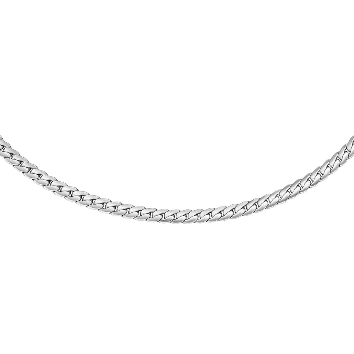Polished silver flat chain necklace crafted from 316L stainless steel, featuring a sleek, minimalist design that sits elegantly at the collarbone.