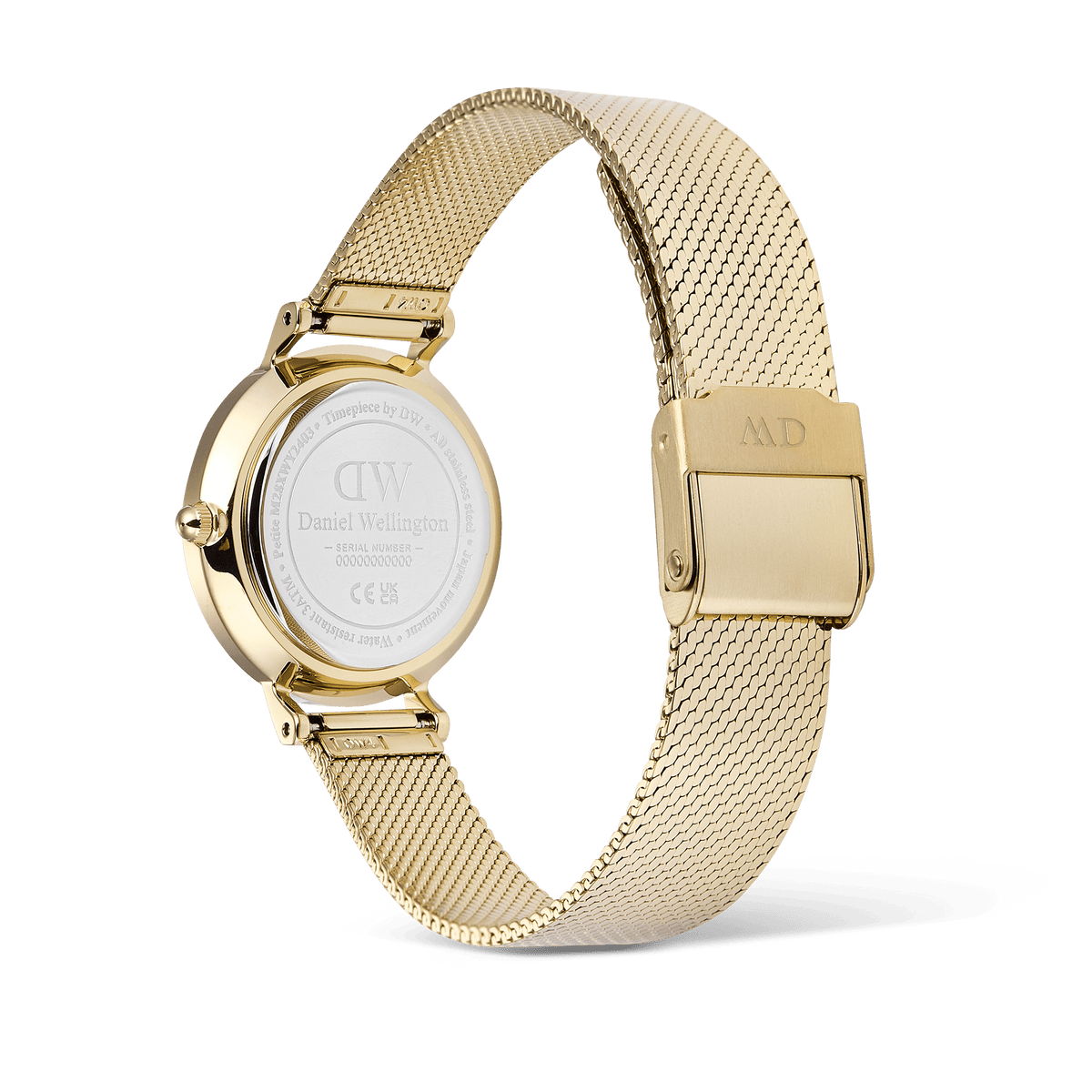 Back view of Petite Reflection Gold watch showing engraved case and adjustable gold mesh strap by Daniel Wellington.