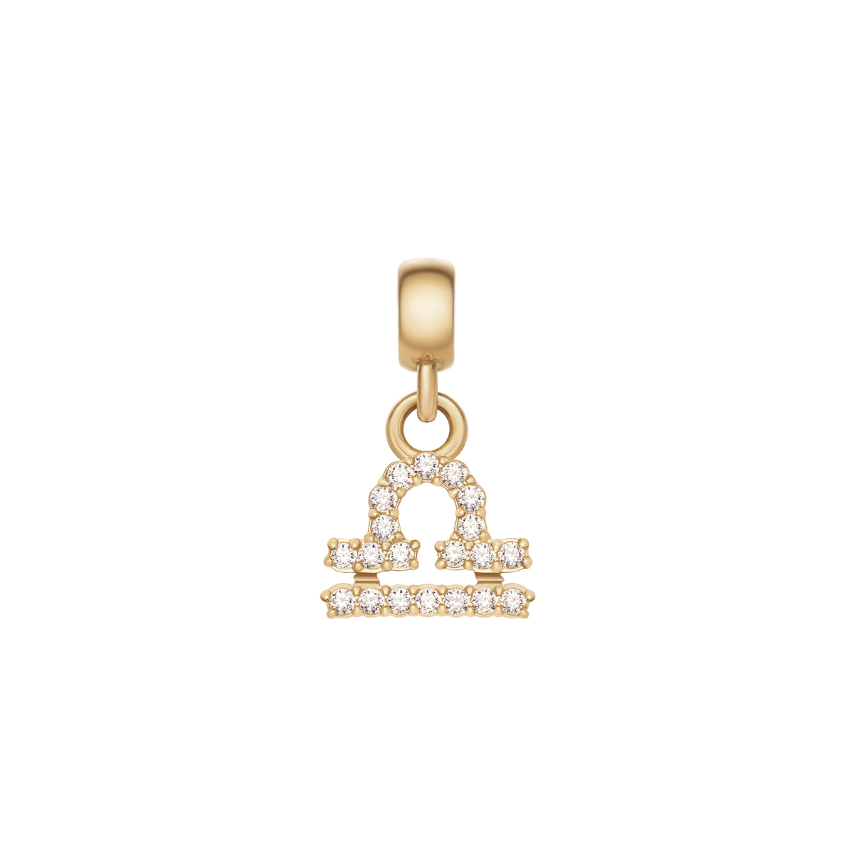 Libra zodiac charm in gold, set with sparkling cubic zirconia crystals and finished with a polished gold clasp for versatile jewellery styling.