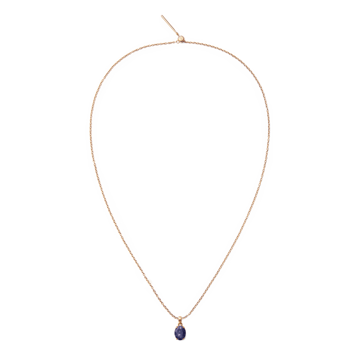 Delicate rose gold necklace featuring an oval blue spot semi-precious stone charm with natural veining, designed for a refined and modern jewellery look.