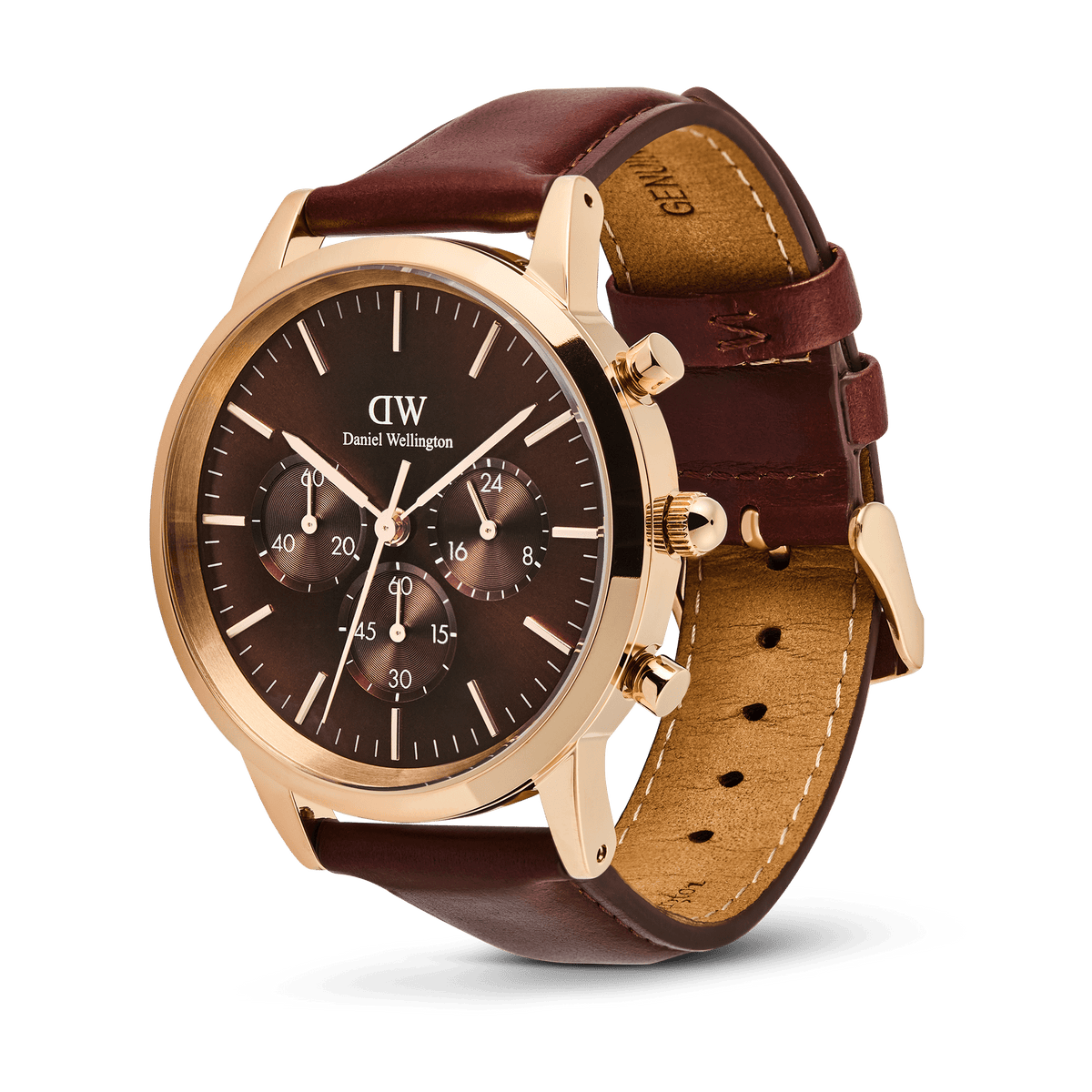 Iconic Chronograph St Mawes Amber RG men’s watch featuring a rose gold case, amber sunray dial with three chronograph sub-dials, and a brown Napa leather strap with visible stitching.