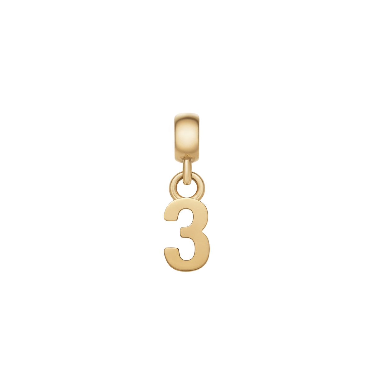Gold number 3 charm with a smooth, polished finish and classic design, crafted from stainless steel with PVD gold plating for use on bracelets or necklaces.