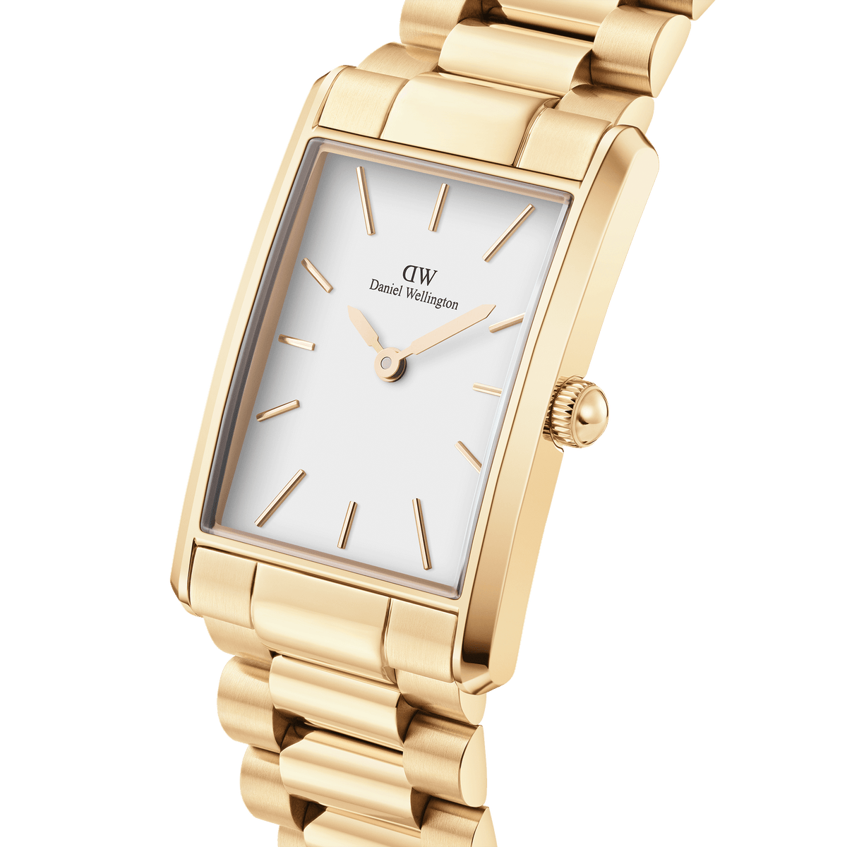 Bound 3-Link Gold women’s watch featuring a rectangular gold case, white minimalist dial, and polished three-link gold bracelet.