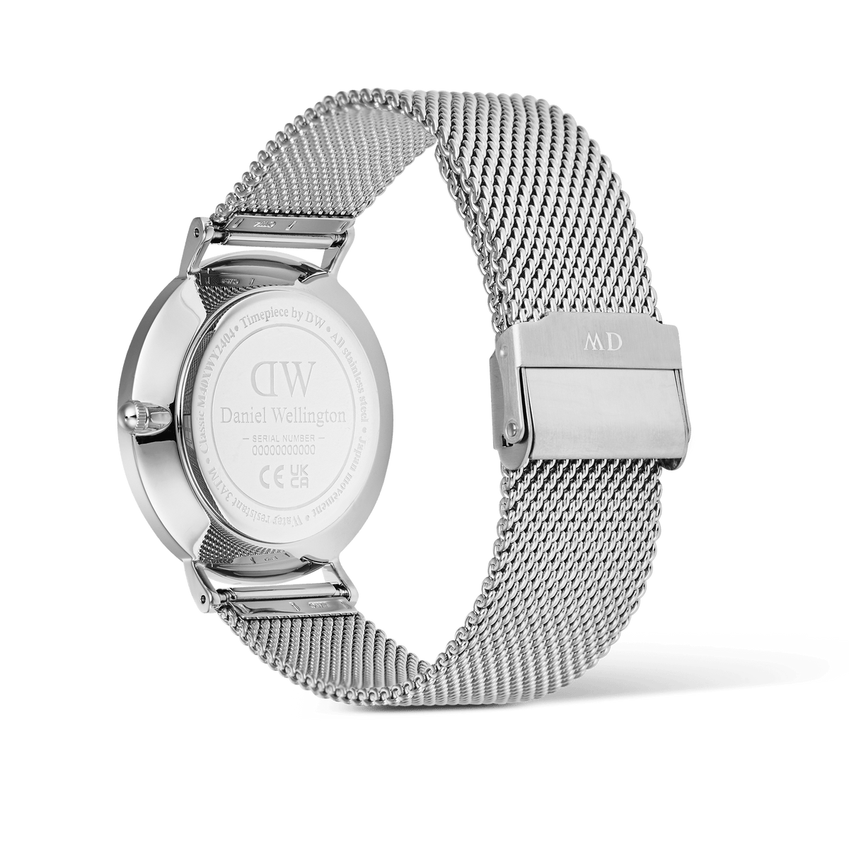 Rear view of the Classic Day Display Sterling Champagne watch, showing the engraved stainless steel case back and adjustable silver mesh strap with a secure clasp.