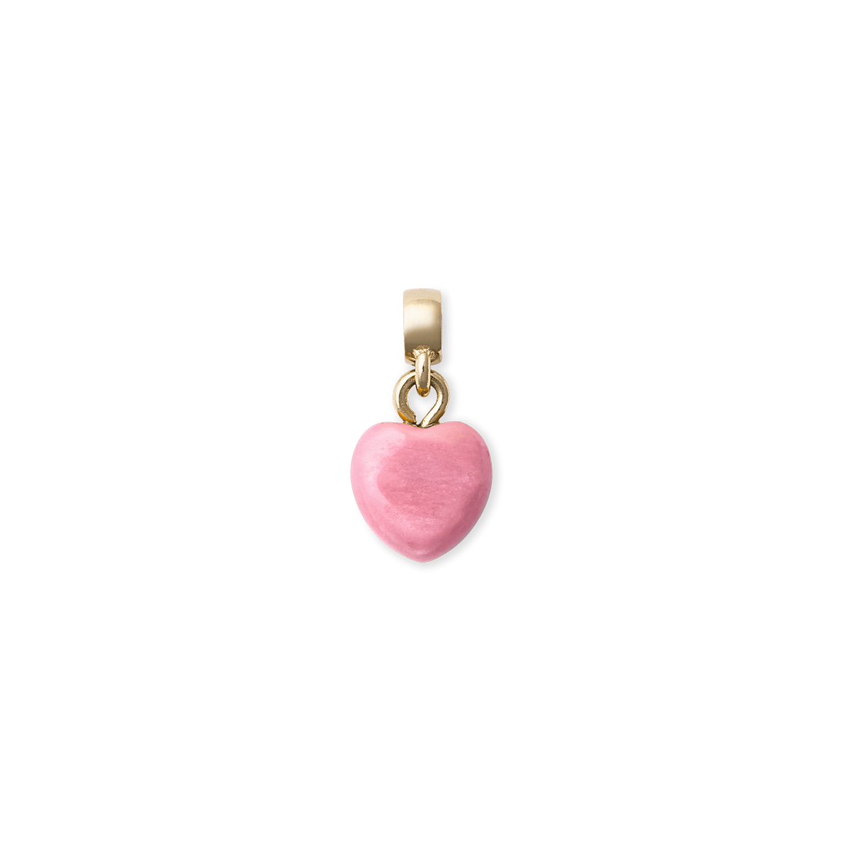 Heart-shaped rhodonite charm in soft pink, set on a polished gold-toned bail, crafted from stainless steel with PVD gold plating. The charm features natural stone variations, offering a unique and elegant accent for necklaces or bracelets.