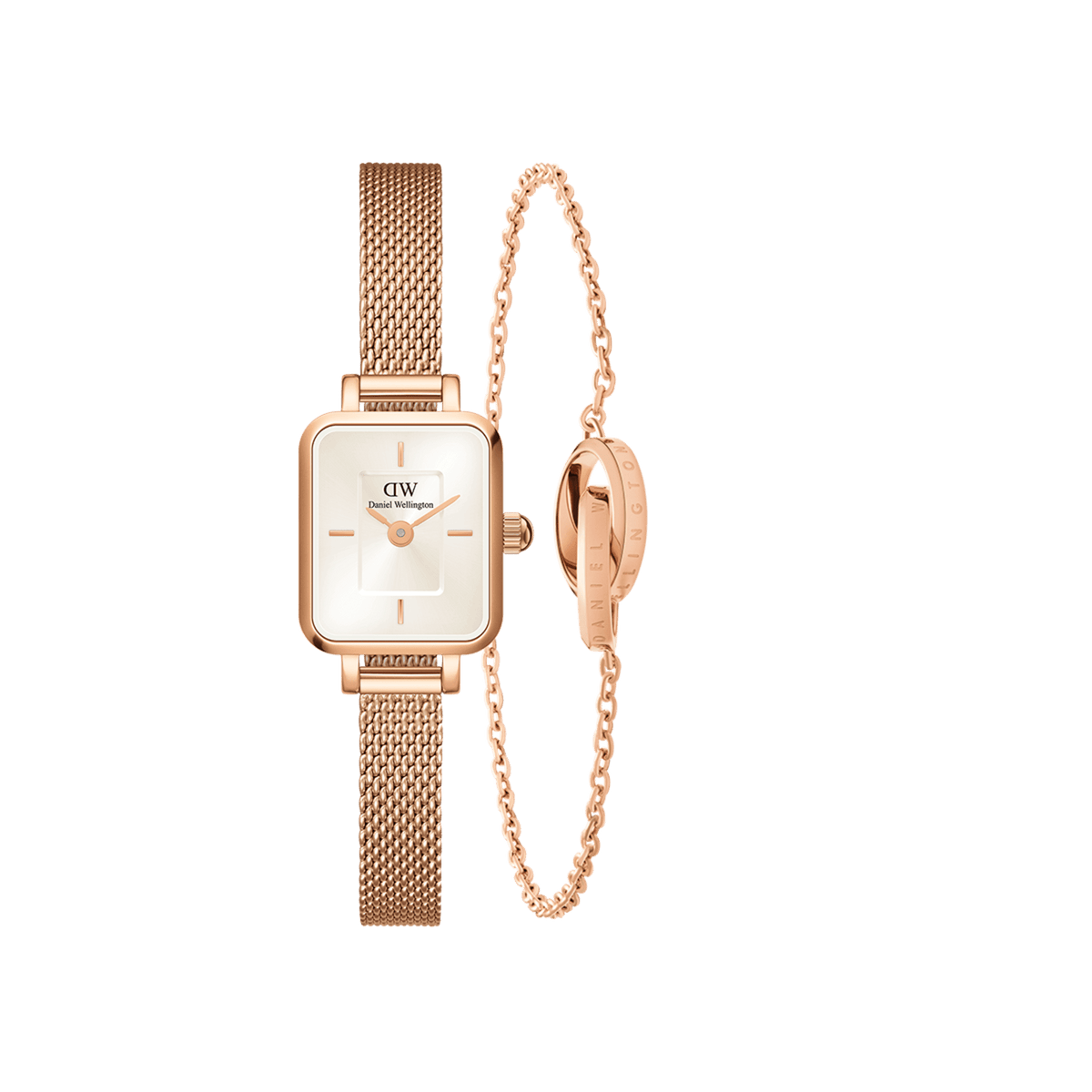 Rose gold rectangular mesh strap watch paired with a matching slender bracelet, both featuring a minimalist design and elegant detailing, ideal for a refined and contemporary look.