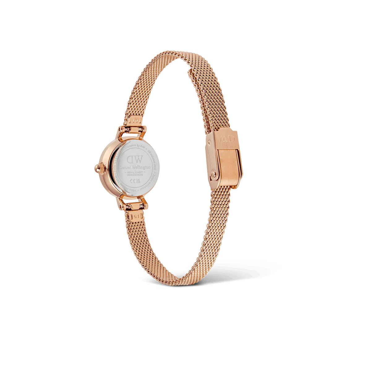 Back view of the Petite Mini Emerald Melrose watch, highlighting the engraved case back and rose gold mesh strap with an adjustable clasp, crafted for a comfortable fit on small wrists.