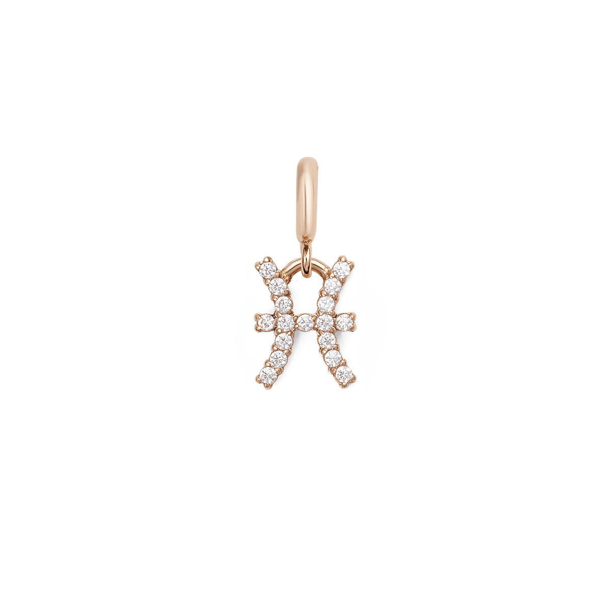 Rose gold Pisces zodiac watch charm featuring a Pisces symbol adorned with sparkling cubic zirconia crystals, crafted in a petite and elegant minimalist design.