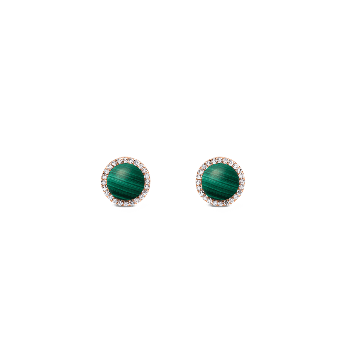 Rose gold stud earrings with round green malachite centre and cubic zirconia halo, elegant and timeless jewellery.