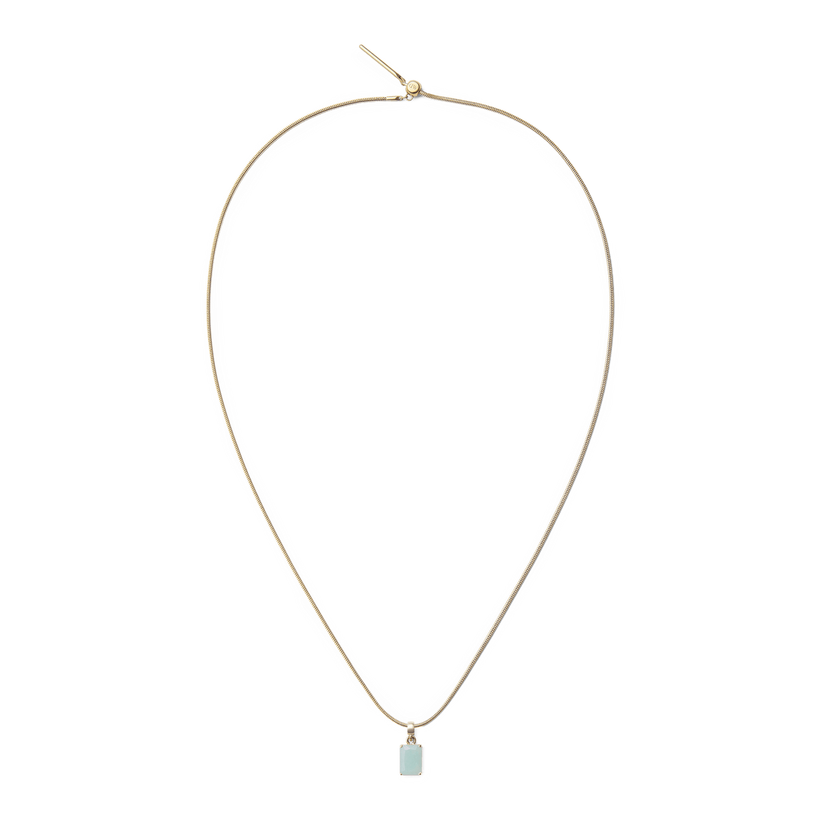 Fine gold necklace featuring an octagon-cut amazonite charm with a soft blue-green stone, offering a minimal and elegant jewellery accent.