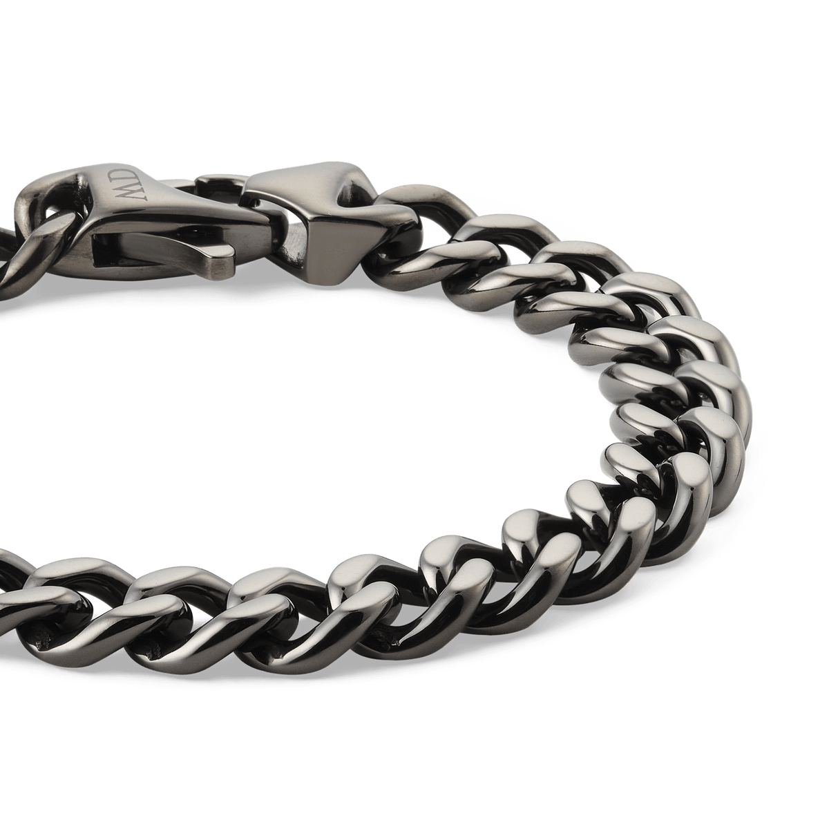 Close-up of the Ellipse Cuban Chain Bracelet Graphite, highlighting its polished stainless steel links and secure matching lobster clasp in a deep graphite finish.