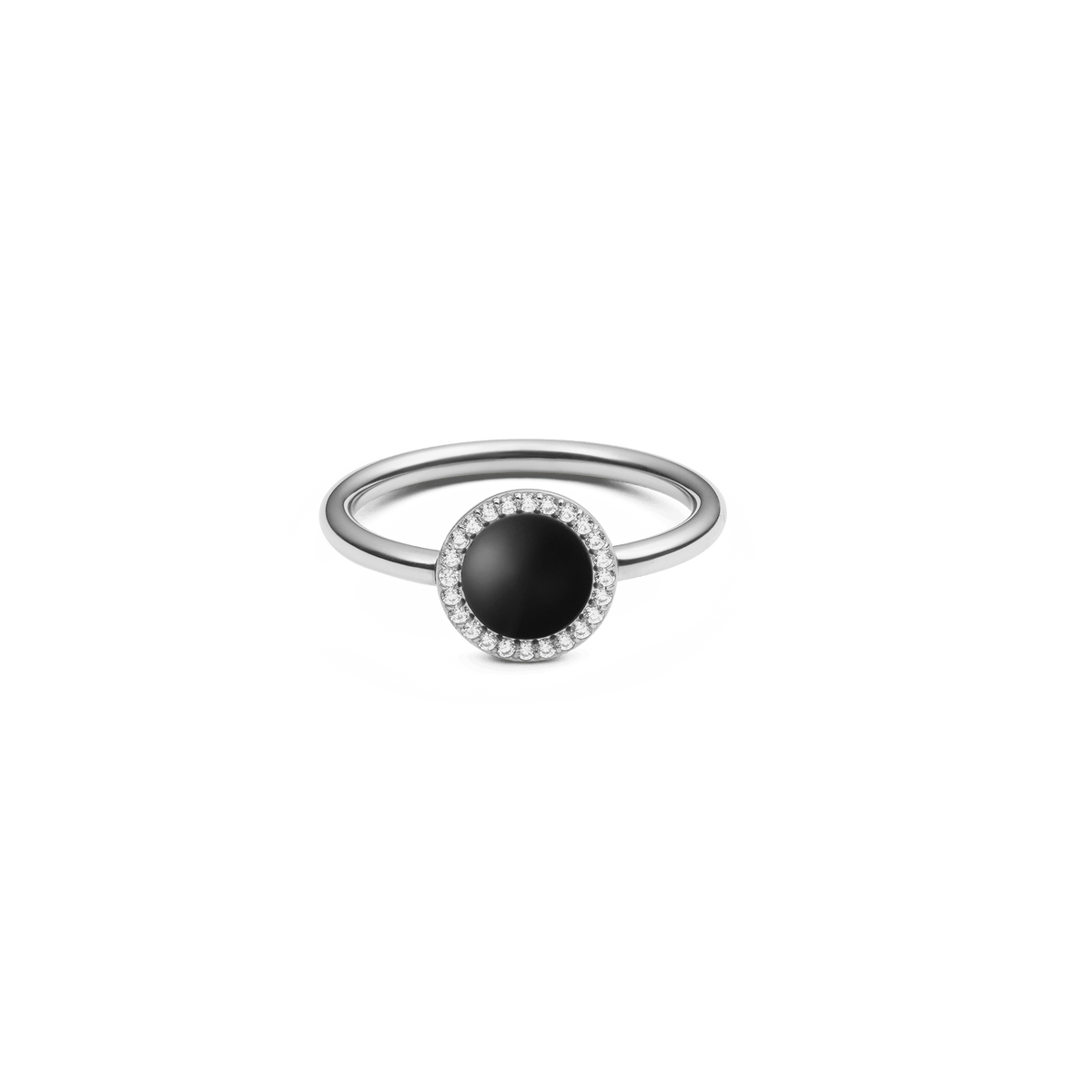 Silver ring with round black agate centrepiece, haloed by sparkling cubic zirconia, modern elegant women’s jewellery.
