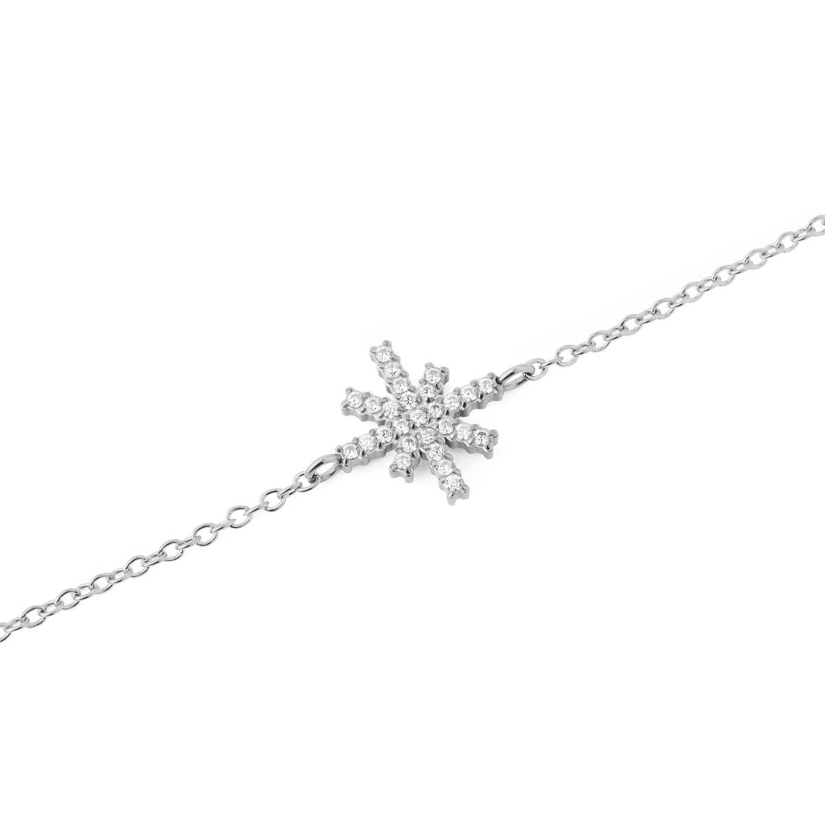 Close-up of the Mirelle Star Bracelet Silver, showcasing its fine silver chain and a central star charm adorned with sparkling white cubic zirconia crystals for a refined, minimalist look.