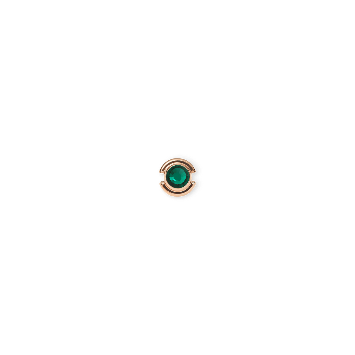 Rose gold charm with a polished finish, featuring a vibrant emerald green crystal at the centre, designed for threading onto bracelets or necklaces.