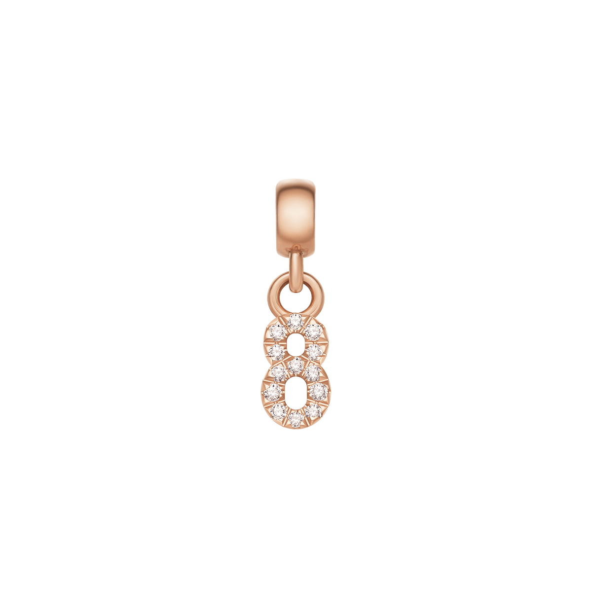 Rose gold number 8 charm adorned with cubic zirconia crystals, designed for adding a personalised touch to bracelets or necklaces.