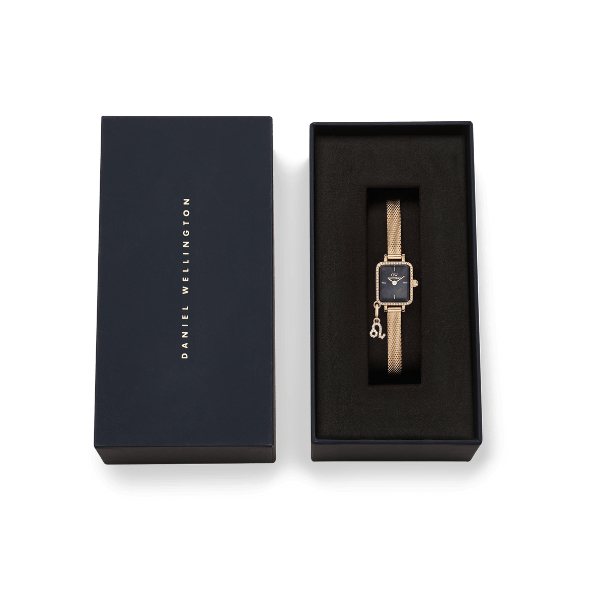 Quadro Mini Crystal Zodiac Evergold gold watch with zodiac charm in Daniel Wellington gift box, black mother of pearl dial.