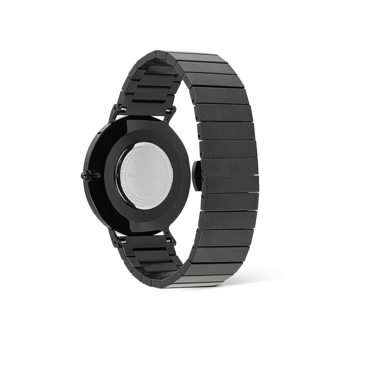 Rear view of the Classic Piano Link Onyx Unitone watch showing the brushed black stainless steel piano link strap, engraved case back, and butterfly clasp.