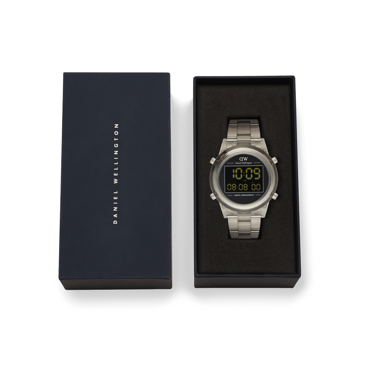 Daniel Wellington Retro Digital Light Grey watch with a transparent bio-based plastic strap, presented in an elegant branded gift box.