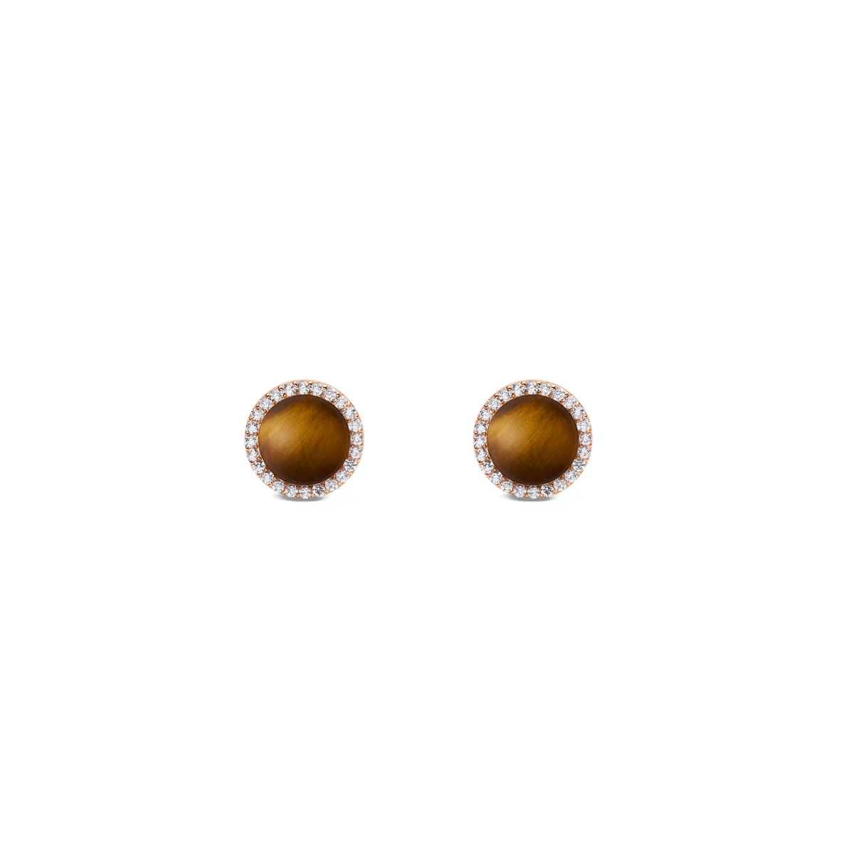 Rose gold stud earrings with tiger eye centre and white cubic zirconia halo, elegant and timeless jewellery design.