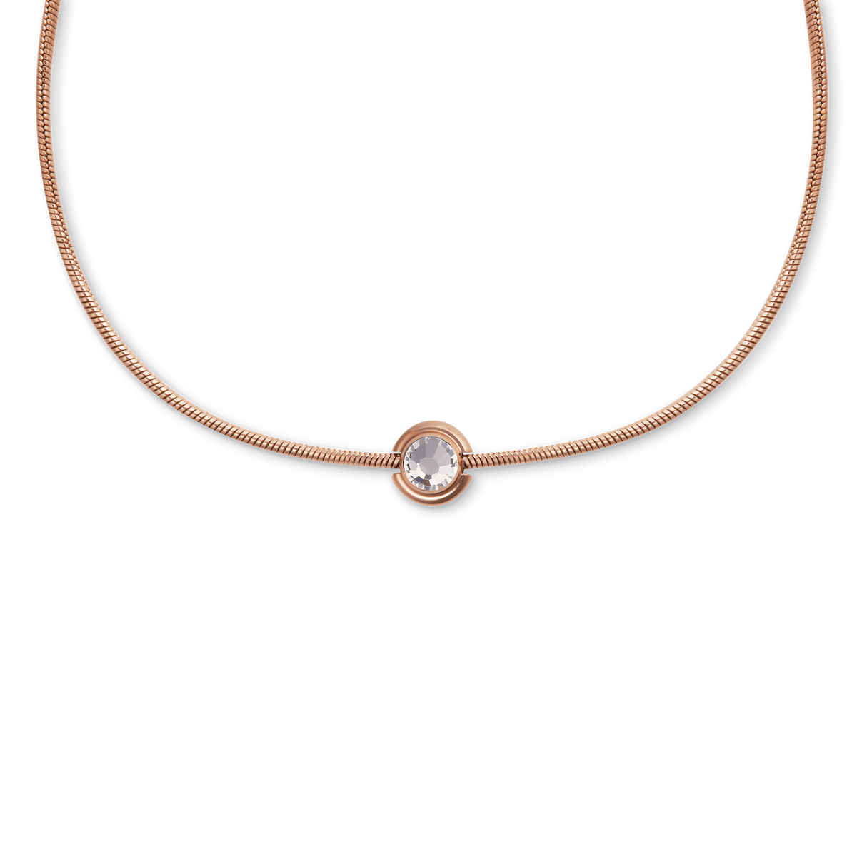 Rose gold necklace featuring a central March Charm with an aquamarine-coloured crystal set in polished rose gold PVD-plated stainless steel.