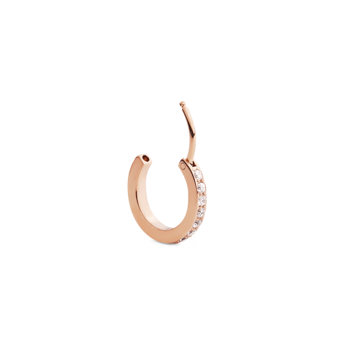 Crystal Hoop Earring in rose gold with a row of sparkling cubic zirconia stones and a secure hinged closure, shown open to highlight its refined design.