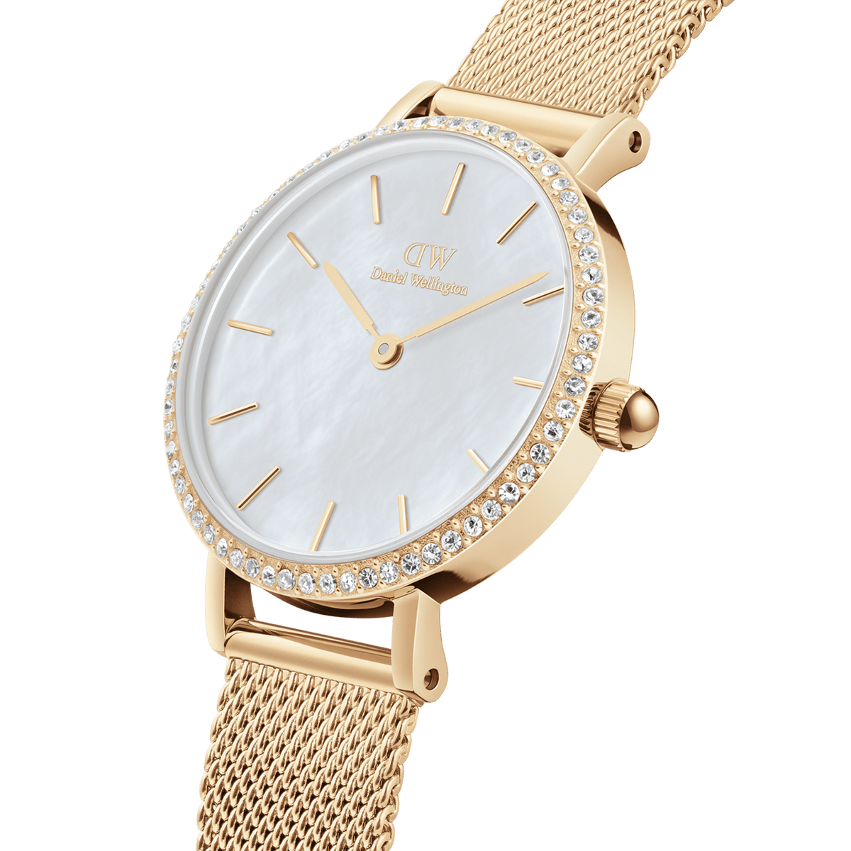 Petite gold mesh women’s watch with crystal-set bezel and iridescent mother of pearl dial by Daniel Wellington.