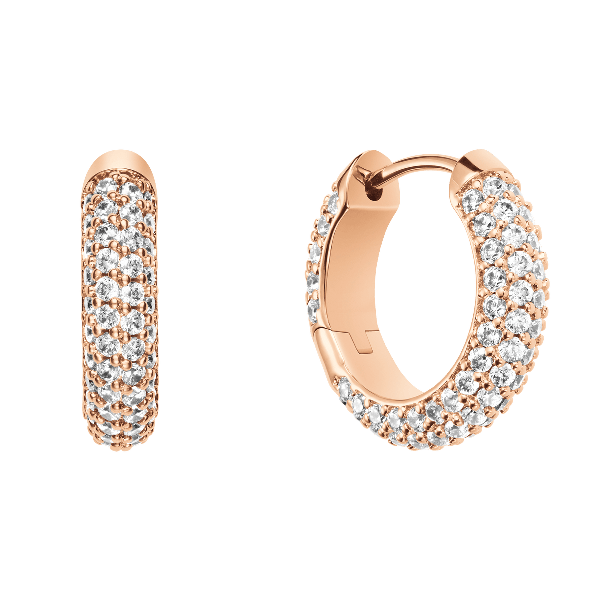 Pair of small rose gold hoop earrings featuring a pavé setting of closely arranged cubic zirconia crystals for a continuous, sparkling effect.