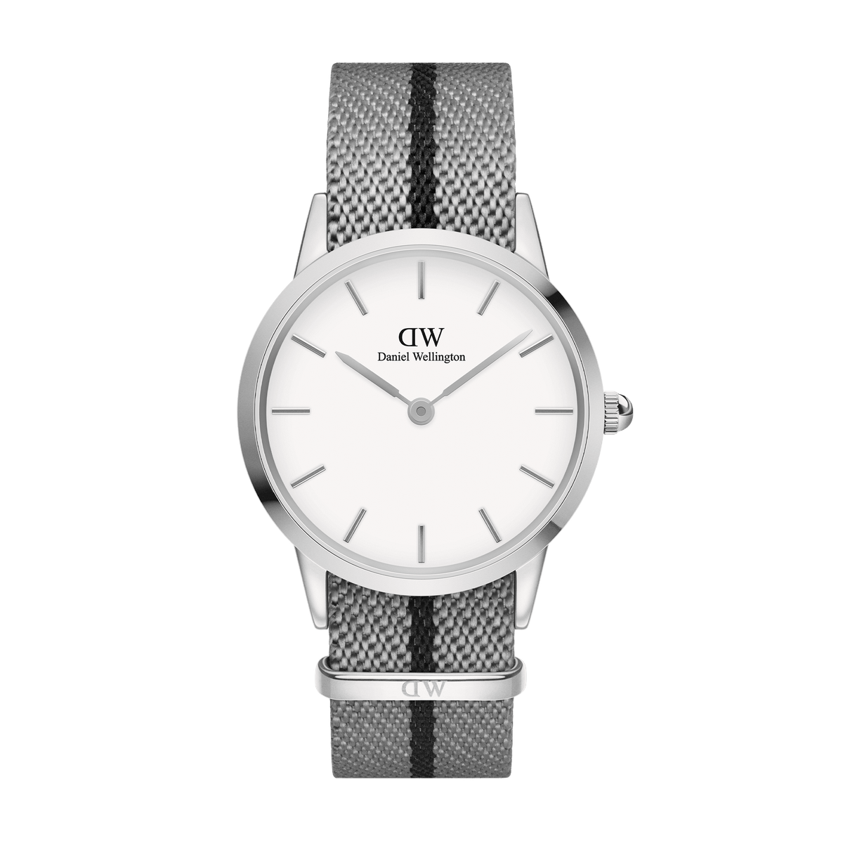 Daniel Wellington Iconic NATO Grey/Black watch with a 36mm eggshell white dial, minimalist silver markers, and a recycled grey nylon strap featuring a black central stripe.