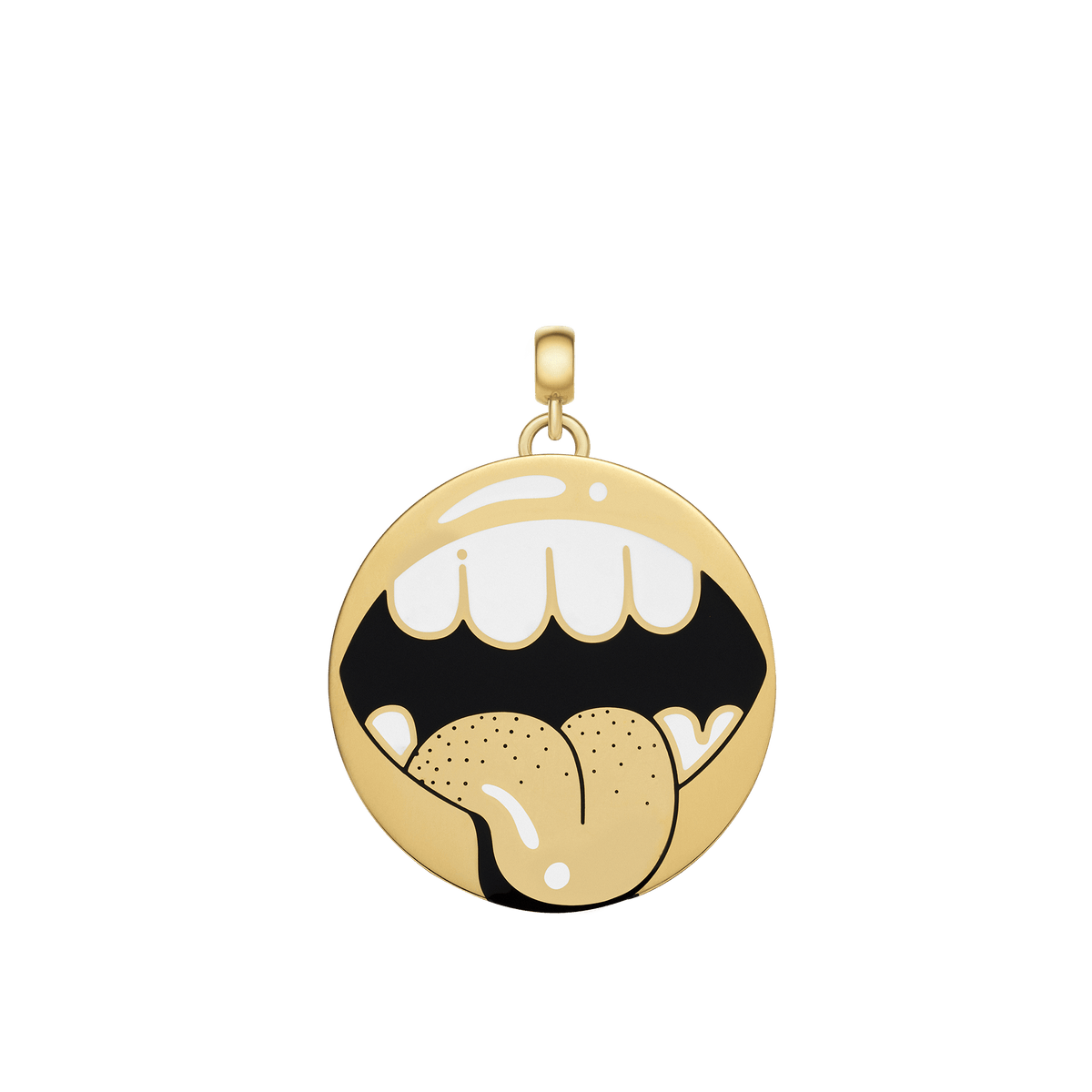Gold charm pendant featuring Steven Harrington’s playful lips and tongue motif in glossy enamel, with a polished finish and bold graphic design. Ideal for adding a contemporary, artistic touch to a necklace, bracelet, or watch.