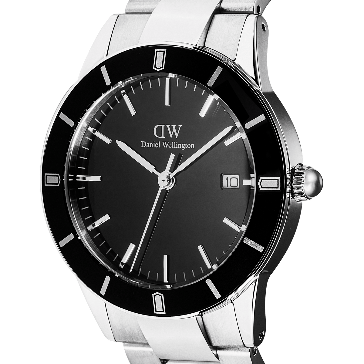 Close-up of the Daniel Wellington Iconic Paradigma Link Black Enamel watch, highlighting its black enamel dial, bold index bezel, date window, and polished stainless steel case and bracelet.